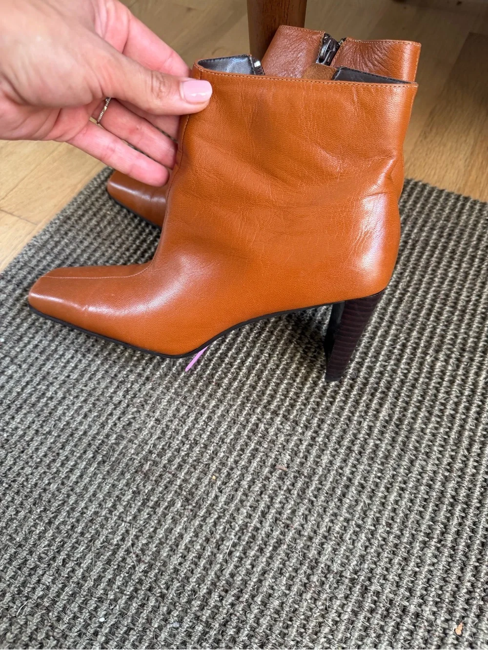 Anne Klein Cognac Leather Square-Toe Ankle Boots